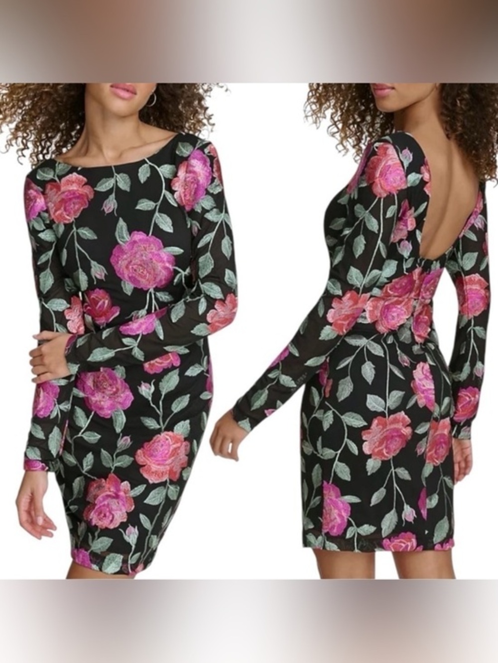 NWT Siena Black Embroidered Floral Long-Sleeve Bodycon Cocktail Dress